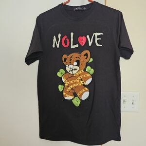 Focus Quality Wear Mens No Love Graphic Black Embroidered Teddy Bear Shirt S